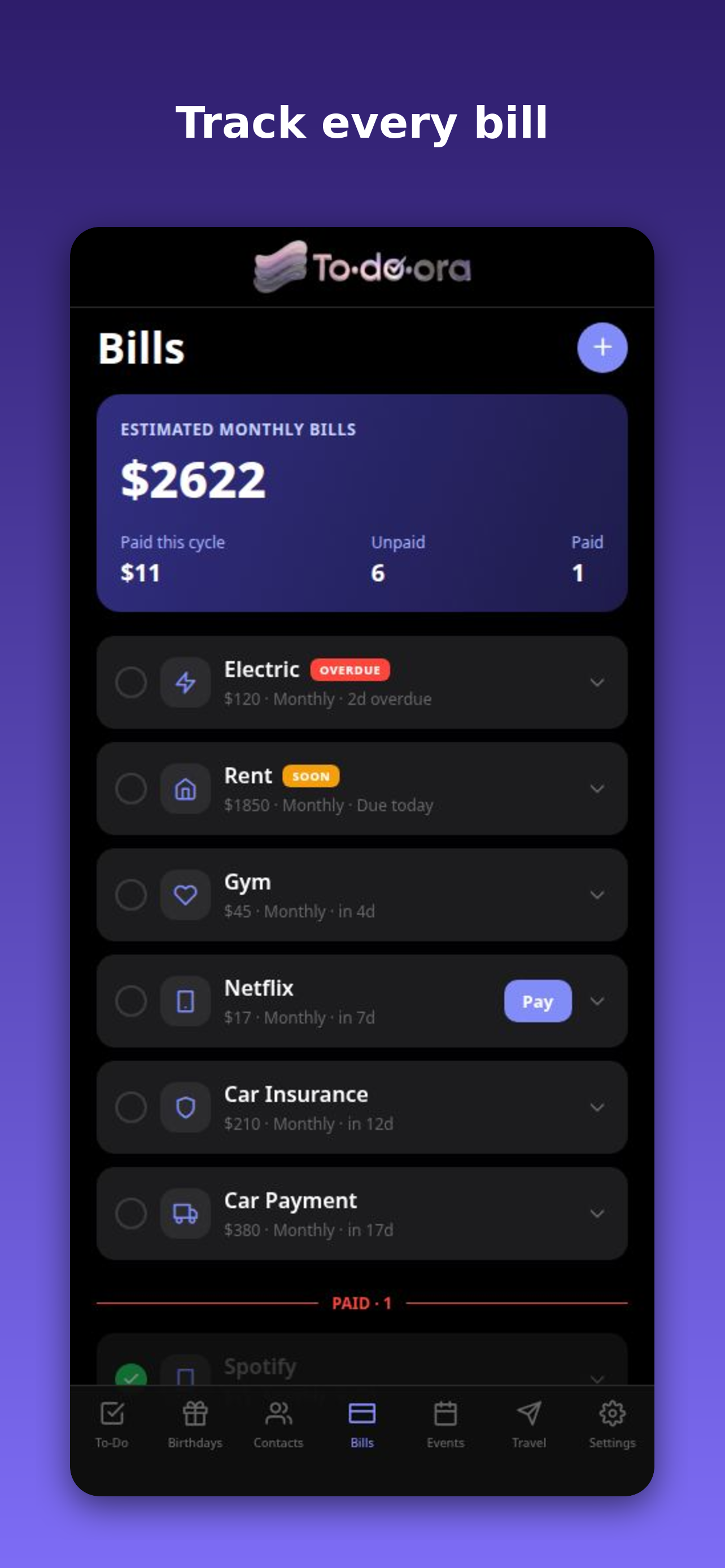 Bills screen