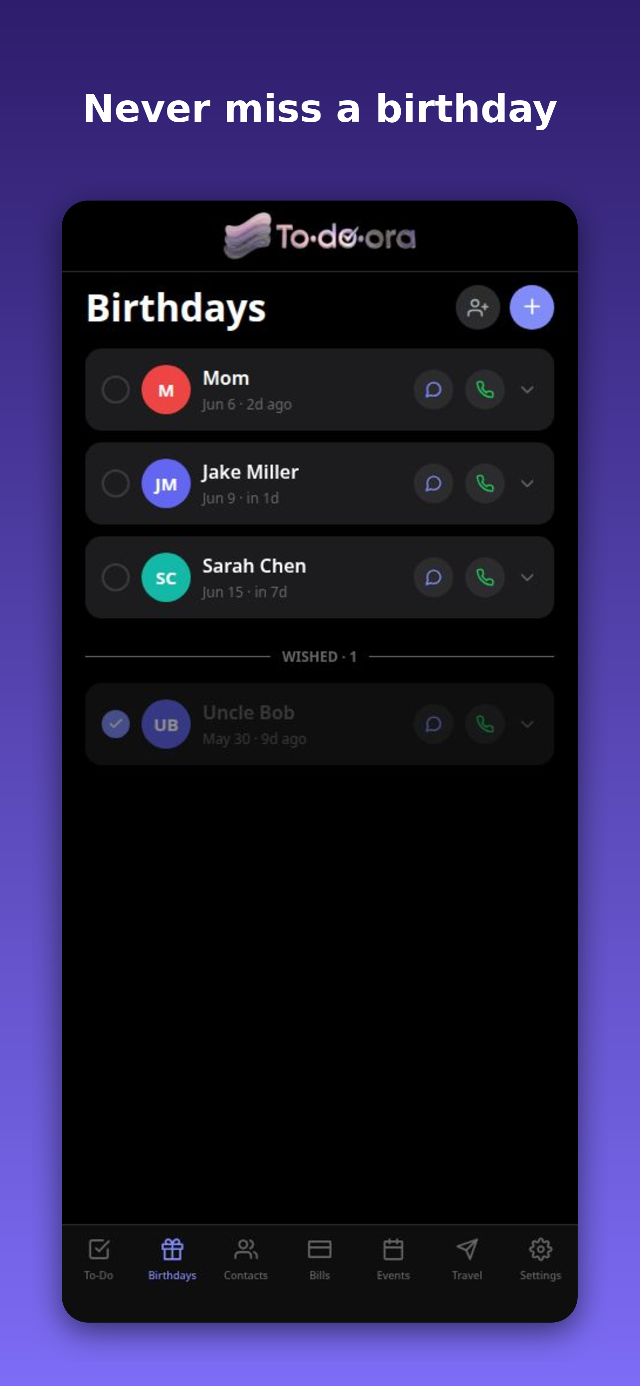 Birthdays screen